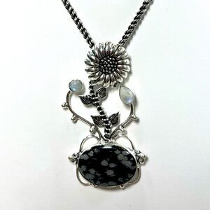 Snowflake Obsidian Moonstone 🌻 Sunflower Large 925 Gemstone Pendant